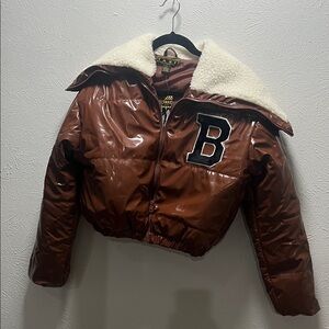 Brown Womens Jacket with Faux Shearling Collar